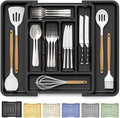 Caperci Large Silverware Organizer for Kitchen Drawer & Utensils - Expandable Drawer Organizer for Cutlery, Flatware & Gadget, BPA-Free Thick Plastic, Wider Compartments & Non-skid Feet (Black)