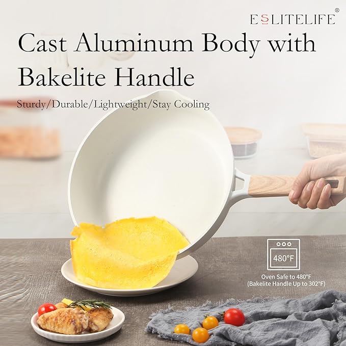 ESLITE LIFE Nonstick Ceramic Frying Pan Skillet, Non-Toxic Egg Omelette Kitchen Cooking Pans Compatible with All Stovetops (Gas, Electric & Induction), PTFE & PFOA Free (White, 8'')