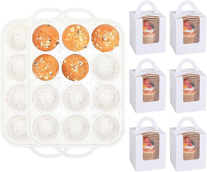 Silicone Muffin Pans for Baking with Metal Reinforced Frame 2 Pack with 24 Pack Individual Cupcake Containers, Nonstick Silicone Cupcake Pan for Baking Homemade Muffins, Dishwasher Safe BPA Free