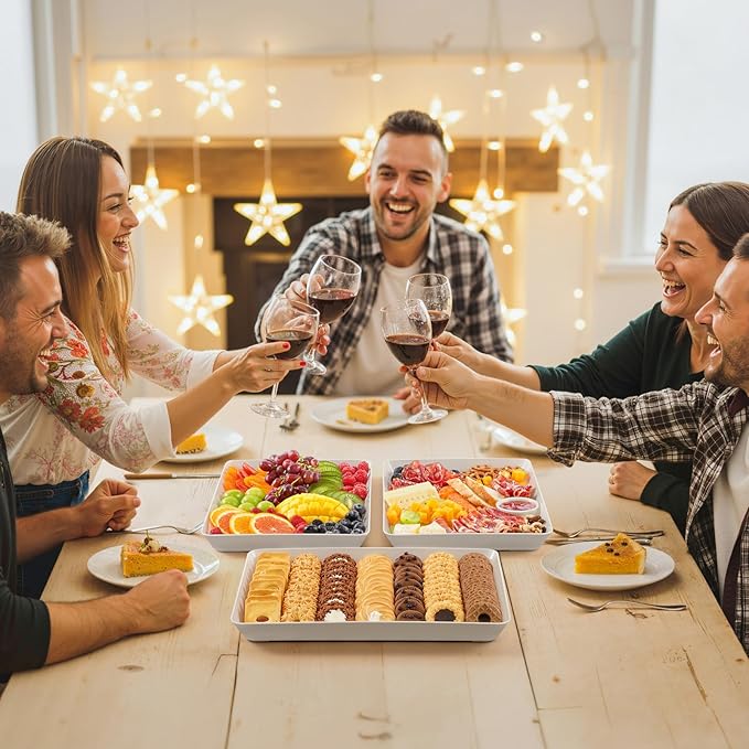 Lifewit Plastic Serving Tray for Party Supplies, 4 Pcs White Trays for Serving Food, Reusable Large Platter for Buffet, Fruit, Snack, Rectangle, Thanksgiving Christmas Essentials, 14" x 10"