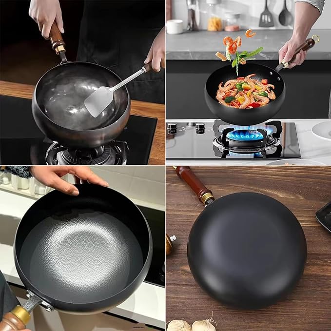 Jinswhdre Cast Iron Skillet, 9.5/11in Jinswhdre Japanese Irons Pan, Hand Forged Uncoated Iron Pan with Lid Spatula, Non-stick Wok for Cooker Gas Stir Fry Pans Durable and Rust-Free (No Lid,10.2in)