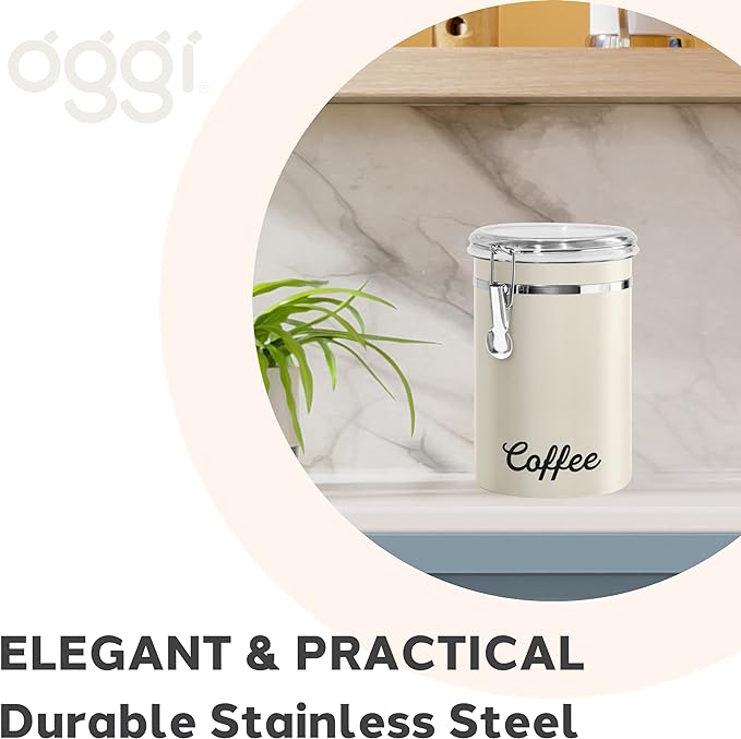 Oggi Stainless Steel Coffee Canister 62 fl oz - Airtight Clamp Lid, Warm Gray, Tinted See-Thru Top - Ideal for Coffee Bean Storage, Ground Coffee Storage, Kitchen Storage, Pantry Storage. 5 x 7.5