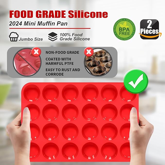 24 Cup Silicone Mini Muffin Pan,Nonstick Food Grade Silicone Baking Cups, Great for Making Muffin Cakes, Tart, Bread- Just Pop Out