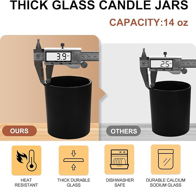 14 OZ Thick Candle Jars for Making Candles 12 Pcs, 3 Wick Empty Jars with Wood Lids for Candle Making, Sample Container,Matte Black