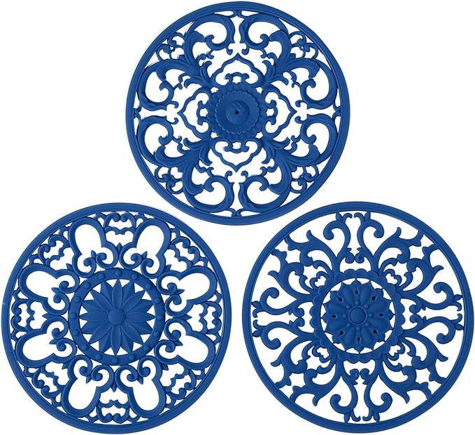 Extra Thick Silicone Trivet Mat for Hot Dishes, Hot Pots and Pans, Pot Holder, Hot Pad to Portect Your Table and Countertop, Kitchen Decor and Accessories,Navy Blue, Set of 3