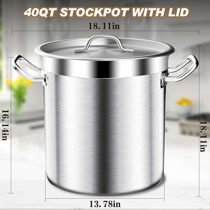 Large Stock Pot - 40QT Stainless Steel Stockpot with Lid, Heavy Duty Tri-Ply Bottom Commercial Grade Soup Pot for Cooking Soup, Stew, Canning, Oven, Gas, Ceramic, Dishwasher Safe