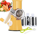 Ourokhome Rotary Cheese Grater Hand Crank, Kitchen Shredder Speed Mandolin Slicer Nut Grinder with Handle and Drum Blades for Cheese, Vegetable, Walnut, Chocolate, Potato, Carrot, 3 Blades, Yellow