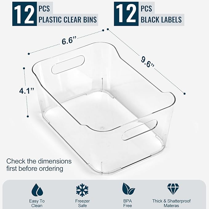 12 PACK Multi-Use Clear Plastic Storage Bins for Organizing w/ Labels - Home, Kitchen, Bathroom, Office, Pantry Cabinet Shelf Organizer Bins - SOHO Collection, RV, Fridge Organization Containers