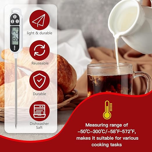 Meat Food Thermometer Food with Probe Water Liquid Instant Read Digital Thermometer Kitchen Cooking Supplies for Cooking BBQ Milk Yogurt(White)
