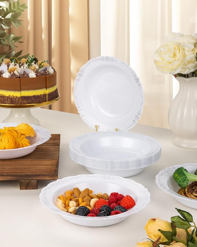 50 Pack White Plastic Bowls with Silver Rim, 12oz Plastic Salad Bowl, Disposable Bowls for Party, Dinners, Weddings, Christmas, Thanksgiving