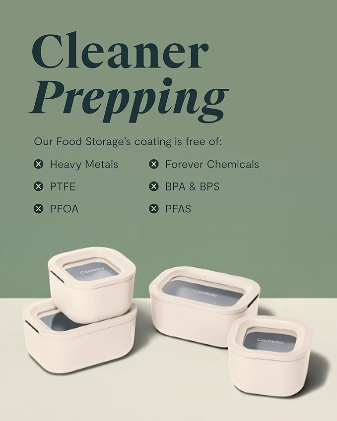 Caraway Mini Food Storage 9pc Set - Glass Storage Containers for Food - Non-Toxic Ceramic-Coated Glass - Air Release Technology - Compact & Stackable Design - Cream
