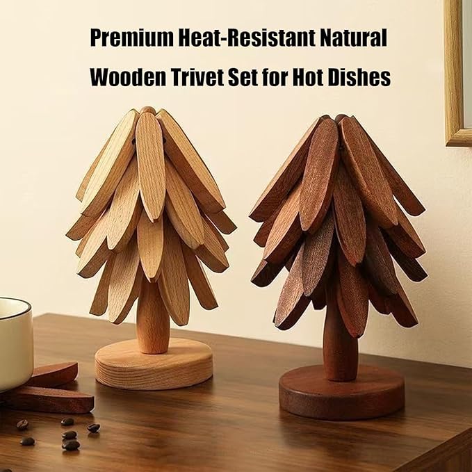 Natural Wood Tree Trivet Set, 𝐍atural Tree Trivet Set - 4 Wooden Trivets,4 Wooden 𝐓rivets & 1 Stand Like a Christmas Trees,for Hot Dish,Pot,Bowl,Teapot,Hot Pot Sets (Natural Wood 4 Trivets,1set)