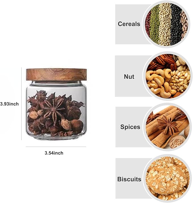 Glass candy Containers - 16oz kitchen Glass Airtight Storage jar With Acacia Airtight Lid，for kitchen Seasoning, coffee bean, tea, suger, herbs (9)
