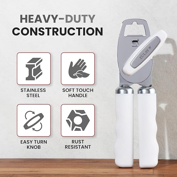 Zulay Kitchen Heavy Duty Stainless Steel Can Opener Manual with Bottle Opener - Rust Proof Manual Can Opener With Turn Knob & Soft Grip Handles