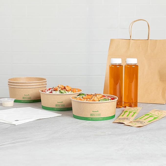 Restaurantware Compostable Paper Food Containers 50 Pack Of 37 oz BPI-Certified Round Kraft Salad Bowls Disposable Grease-Resistant Meal Prep Take Out Containers For Ice Creams, Soups, Snacks