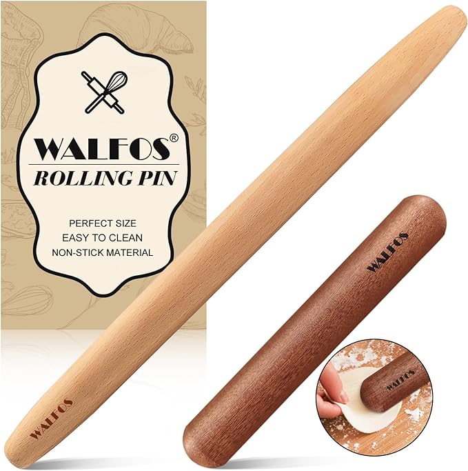 Walfos French Rolling Pin Set - Natural Wooden Rolling Pins (8inch, 15.7inch), Baking Dough Roller for Pizza, Pie, Pasta, Bread, Pastry, No Coating