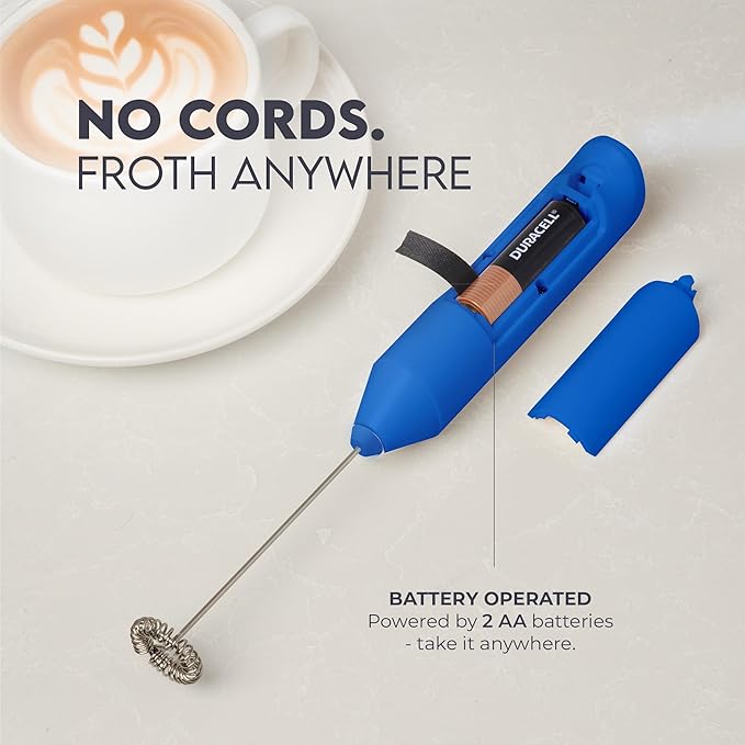 Zulay Kitchen FrothMate Powerful Milk Frother Portable & Compact Handheld Foam Maker Lattes, Cappuccinos (Blue with Gold Button, Froth Mate)