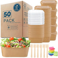 MINCOCO 50 Count Disposable Paper Bowls with Lids Meal Prep Containers 【Includes 50 Wooden Forks + 100 Labels】 Salad Food Containers Freezer & Microwave Safe Leakproof Soup Bowls (35 Ounce, 50-Count)