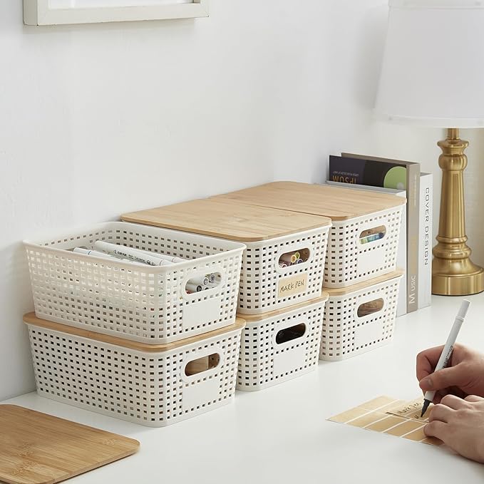 Small Plastic Storage Bins with Bamboo Lids 5.2qt Stackable Box Basket Pantry Decorative Containers Cute with Lable for Organizing Desktop Closet Office Cream White of 6 packs 10*7.2*4.1'’