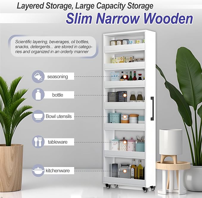 7-Tier Slim Storage Cart, Wooden Rolling Pantry Cabinet with Wheels, Narrow Shelf Organizer for Kitchen, Bakers Rack, Dining Room, Closet, Small Spaces Teak 47.2" H*9.8" W*16.9" D