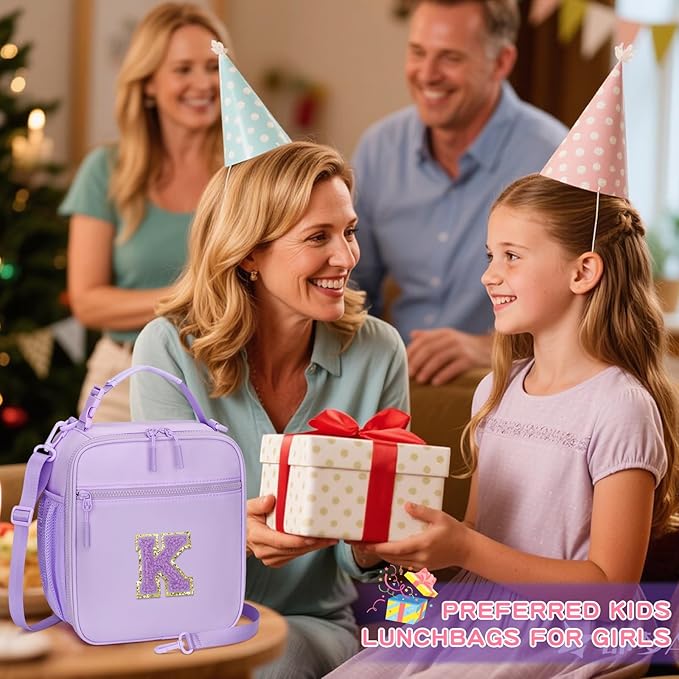 Initial Insulated Lunch Bag for Girls Kids, Back to School Gift, Reusable Leak-proof Lunch Box with Adjustable Strap for School Daycare Travel Picnic (Purple,K)