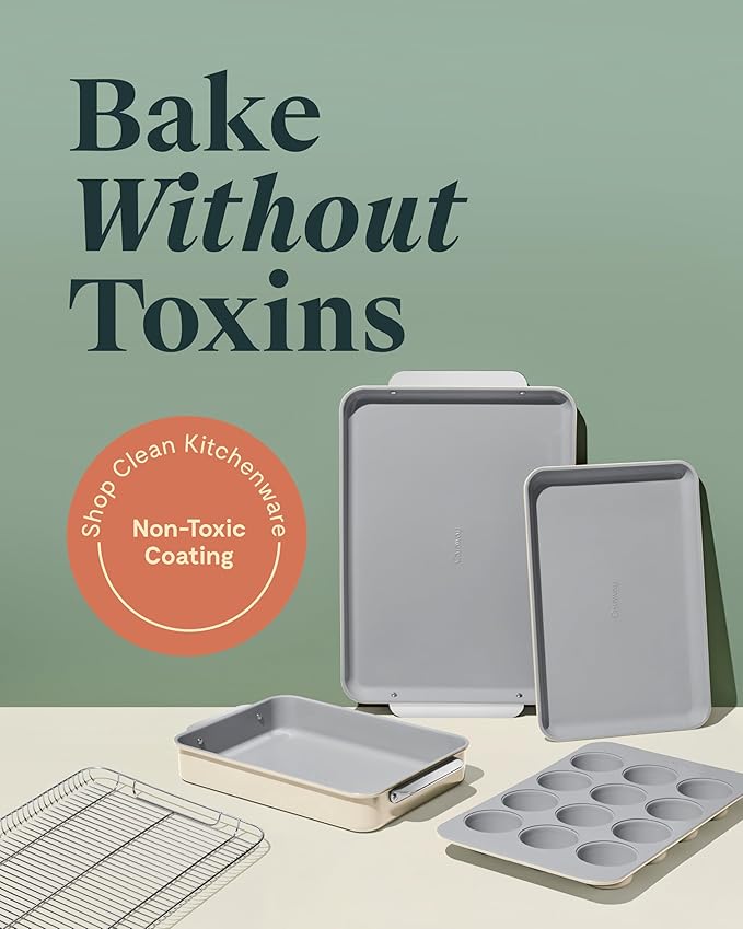 Caraway Nonstick Ceramic Bakeware Set (5 Pieces) - Baking Sheets, Assorted Baking Pans & Storage - Aluminized Steel Body - Non Toxic, PTFE & PFOA Free - Gray