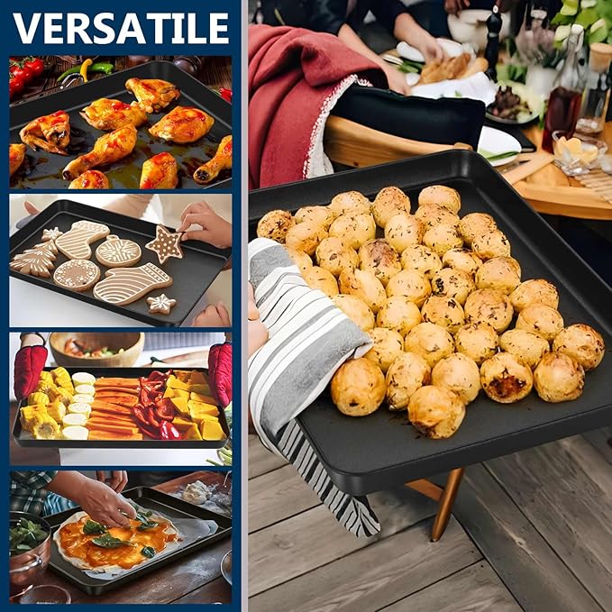 P&P CHEF 16 Inch Baking Cookie Sheet Pan, Carbon Steel Oven Tray, Non Stick Bakeware for Cooking Baking Bread Meat Vegetables, Sturdy & Healthy, Easy Clean, 2Pcs