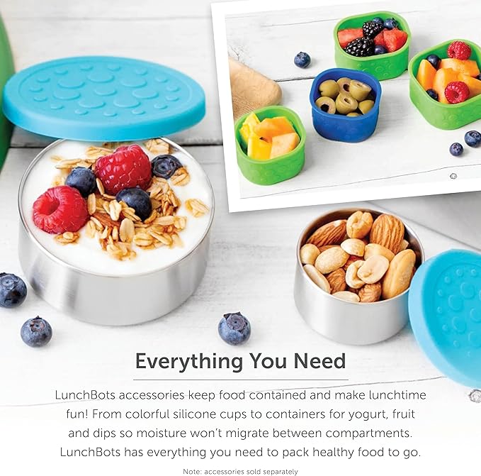LunchBots 4.5 oz Stainless Steel Dressing Container for Condiments, Dips, Snacks, Dipping Sauce Cups with Silicone Lid, Fits in Lunch Bags and Bento Boxes - Set of 2 (Blue)