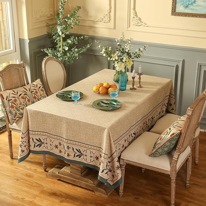 patdrea Designer French Linen Tablecloth for Rectangle Table,Beige Anti-Wrinkle Durable Floral Farmhouse Table Cloth,Decor Covers for Kitchen Dining,Tea Party,Christmas,Thanksgiving,63"x87"-Fram