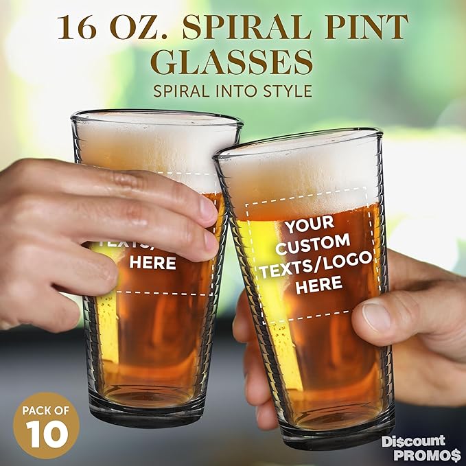 Custom Spiral Pint Glass 16 oz. Set of 10, Personalized Bulk Pack - Beer Glasses, Heavy Duty Drinkware - Black