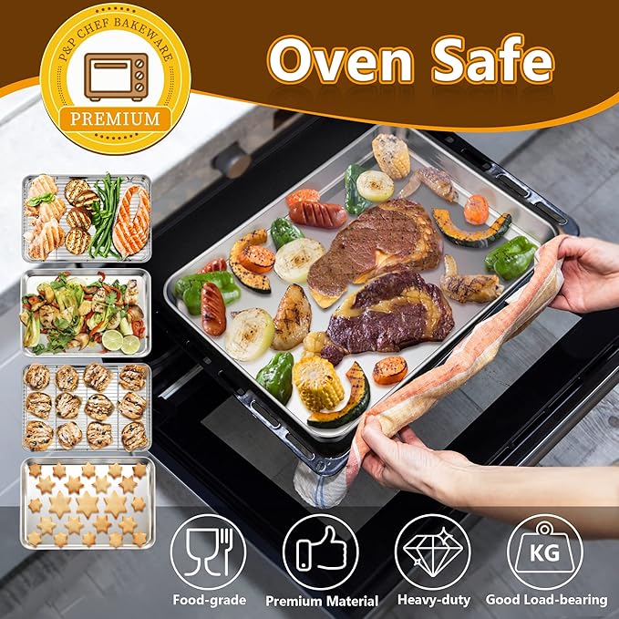 P&P CHEF 16 Inch Stainless Steel Baking Sheet with Rack Set (2 Pans+ 2 Racks), Cookie Sheets Baking Trays and Cooling Wire Racks, Oven & Dishwasher Safe, Pans with Flat Racks