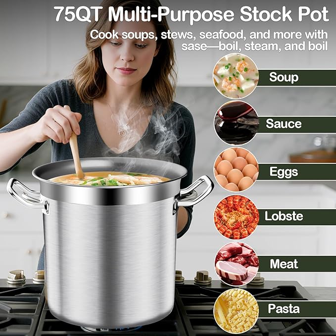 Large Stock Pot -75QT Stainless Steel Stockpot with Lid, Heavy Duty Tri-Ply Bottom Commercial Grade Stock Pot & Stockpots for Boiling Cooking Soup Stew Canning Cookware Sauce Cooking Pots
