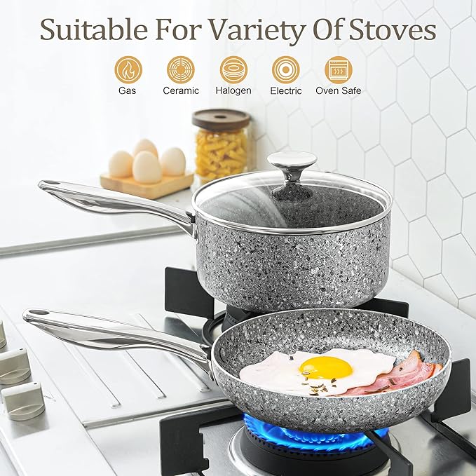 MICHELANGELO 11 Inch Stone-Derived Nonstick Frying Pan with Lid, Aluminum