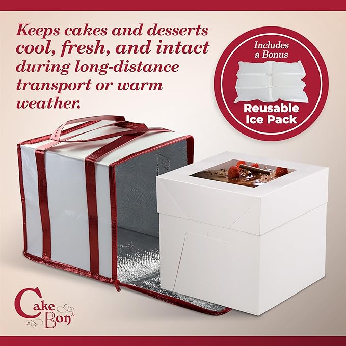 Cakebon Cake Box and Boards, 12-Inch Round Silver Smooth Edges 1/2- Inch Thick Drums with Insulated Bag and Ice Pack – Cake Transport Set, Cooler for Cake Delivery and Transport (1pc Each, 4pcs Total)