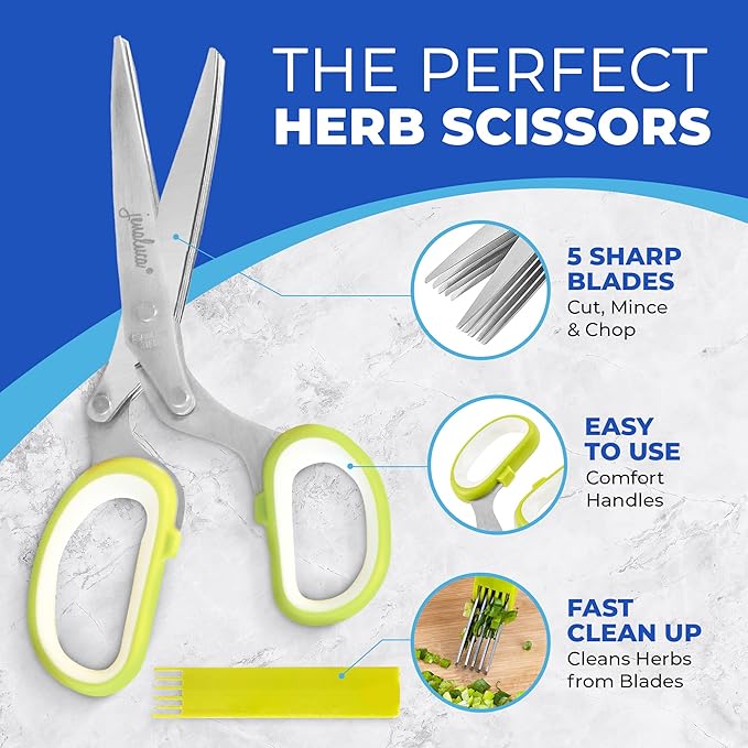 Jenaluca 5 Blade Herb Scissors - Cut & Chop Fresh Herbs & Leafy Greens - Salad Scissors - Stainless Steel Kitchen Shear Set with Cleaning Comb & Safety Cover - Kitchen Gadget - Green