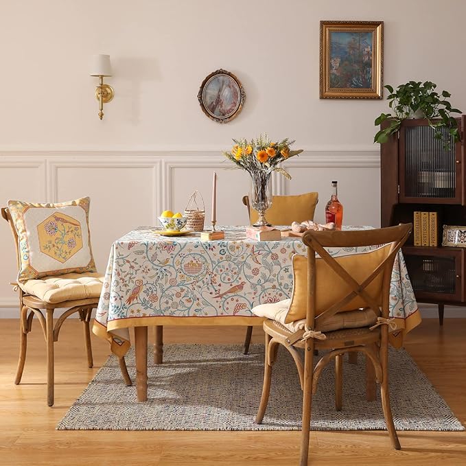 patdrea Designer Vintage French Extra Long Rectangular Tablecloth,Floral Birds Pattern Linen Table Cloth,Decorative Cover for Kitchen Dining Banquet,Christmas,Thanksgiving,67"x118"-Magnolia