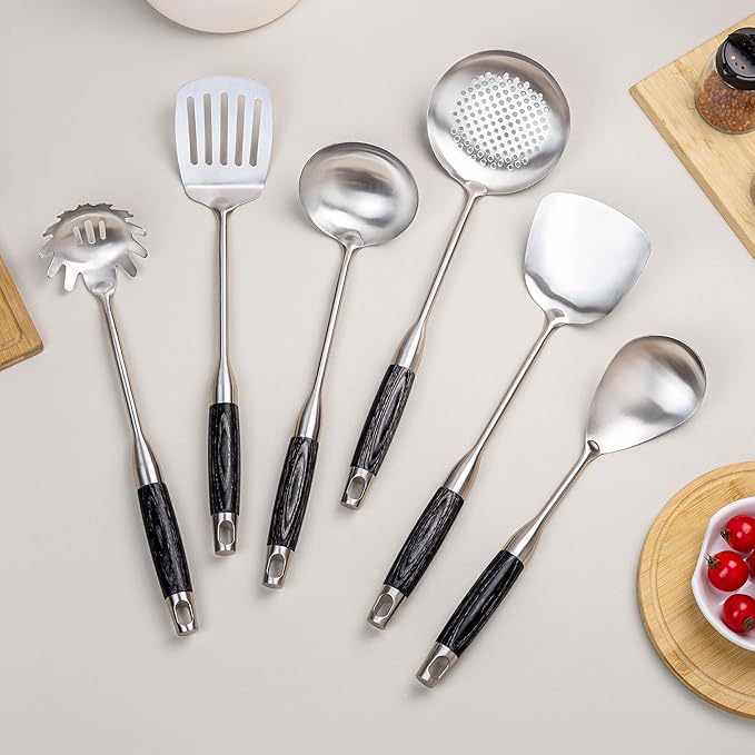 FJNATINH Stainless Steel Kitchen Utensils, Set of 6 Cooking Tools with Wooden Handle, Wok Spatula, Soup Ladle, Skimmer Spoon, Slotted Spatula Turner, Spaghetti Server, Solid Spoon