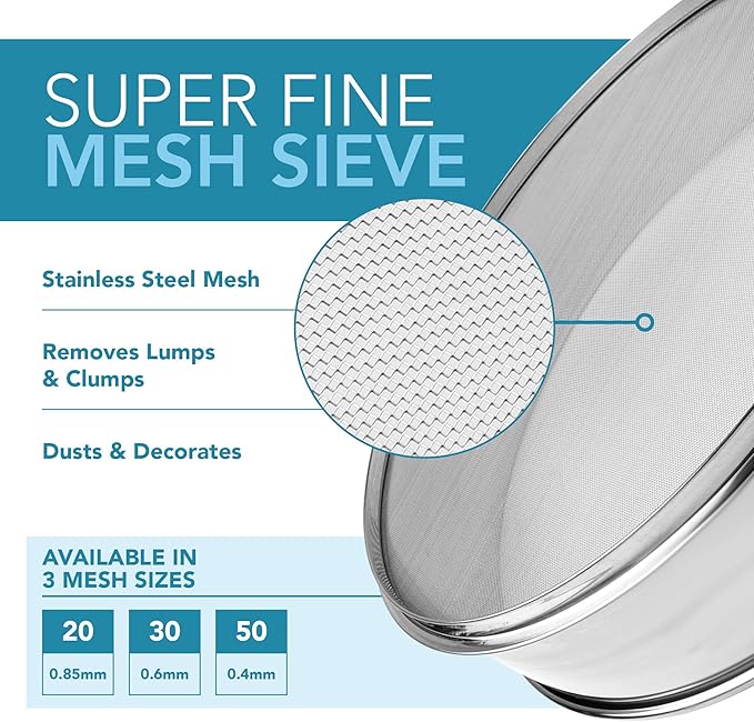 Stainless Steel Flour Sifter Fine Mesh Round Flour Sieve for Baking 12" Diameter x 2.5" High; 50 Mesh (Hole Size 0.3mm)