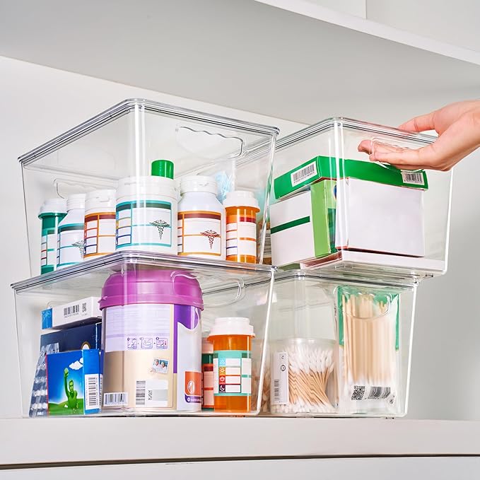 theaoo Clear Storage Bins with Lids Stackable - Large Plastic Containers for Pantry Organization and Storage - Perfect for kitchen,Fridge,Laundry Room,Bathroom,Garage,Closet,Cabinet Organizer - 4 Pack