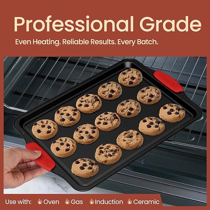 BAKKEN Kitchen Baking Pan Set - Nonstick Coating, Carbon Steel Bakeware Sets with Red Silicone Handles, Baking Kitchen Essentials, PFOA, PFOS, PTFE Free, Oven Safe Tray (Up To 450° F), Set of 18