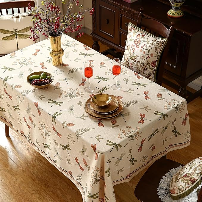 ISAENNE Designer Floral Linen Table Cloth for Rectangle Table,French Off White Elegant Tablecloth,Washable Home Decor Tablecloths for Dining Thanksgiving Kitchen Christmas,55"*79"-Grace B