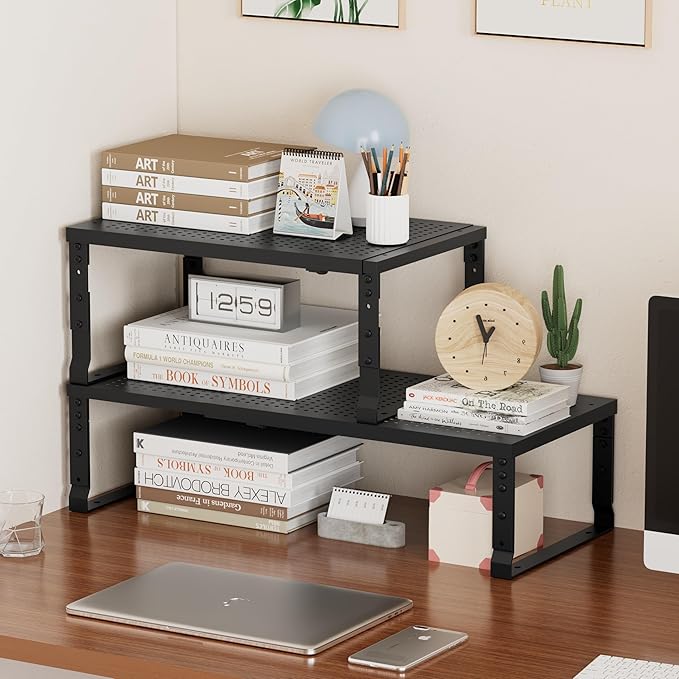 Metal Stackable Expandable Storage Shelf - Multi-Functional Home Storage Shelf, Suitable for Kitchen, Cabinet，Bathroom, Office, Garage, etc.（3PACKS/Black/Large