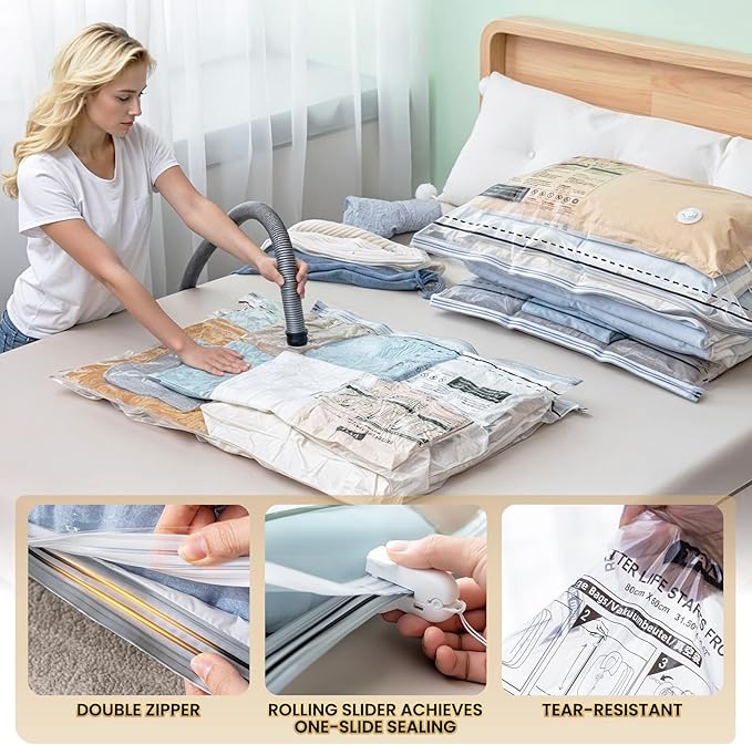 TAILI 10 Pack Vacuum Storage Bags, LONG SIDE ZIP (39x28 inch), Vacuum Seal Bags for Clothing, Jumbo Storage Space Saver for Beddings, Comforters, Blanket, Pillows and Clothes