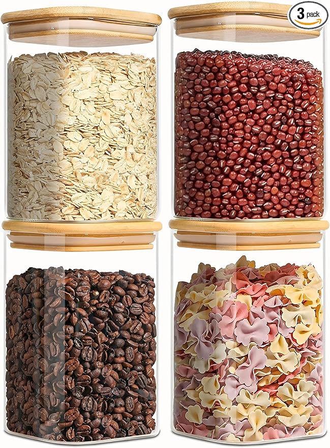 1.2 Qt Square Glass Storage Containers with Lids, glass jar with airtight lid, Glass Canister for Pantry Cookie Flour Cereal Rice Sugar Tea Coffee Beans Spice, Square Set of 4