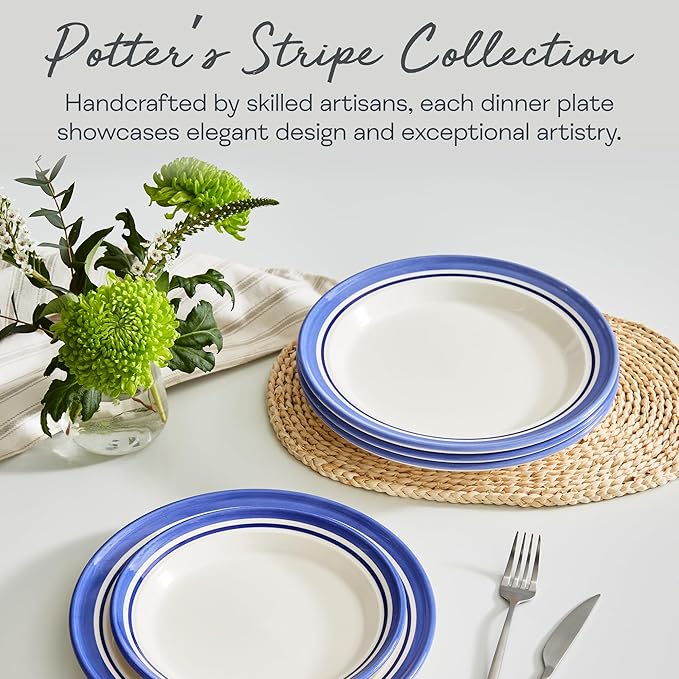Portmeirion Potter's Stripe Dinner Plate (Set of 4) - 10.5" Earthenware Plates with Classic Striped Rim - Microwave, Dishwasher, Freezer, Oven Safe - Ideal Modern Dinnerware Set (Blue Stripe)