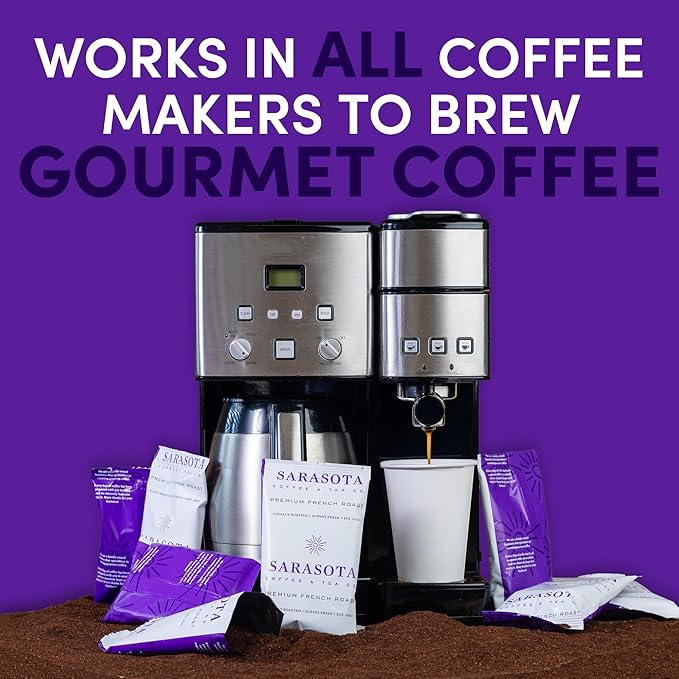 Sarasota Coffee Ground Packets | Low Acid Dark Roast Ground Coffee Packs | European French Roast | Mold Free Singles | Ground Pouches | Individual Packets for 12 Cup Coffee Maker | 1.5 Ounce Bags, 42 Count