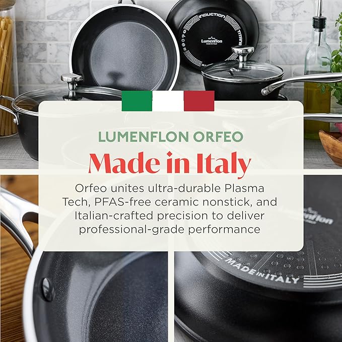 Orfeo 2.4QT Nonstick Saucepan with Lid, Made in Italy, Diamond Ceramic PFAS-Free Cookware, Induction Ready, Scratch Resistant, Laser-Fused Surface for Durability, Dishwasher Safe, Black