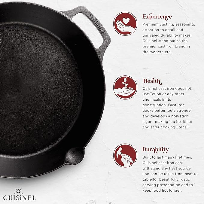 Cast Iron Skillet with Glass Lid - 12"-Inch Dual Handle Frying Pan + Pan Scraper + Silicone Handle Holder Covers - Preseasoned Oven Safe Cookware - Indoor/Outdoor Use - Grill, Stovetop, Induction Safe