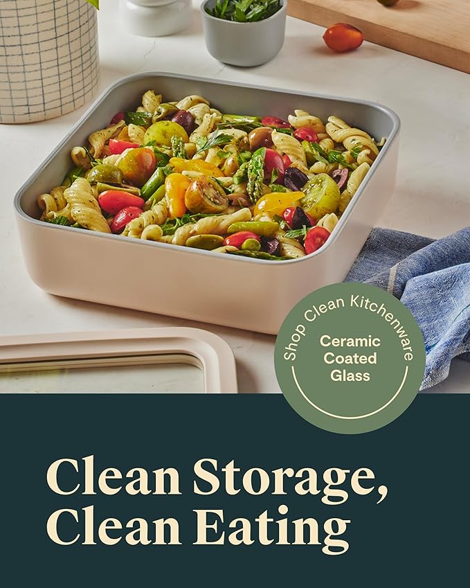 Caraway 2pc Glass Food Storage Set - 10 Cup Food Containers (2) - Ceramic Coated - Non Toxic, Non Stick Lunch Box with Lids. Dishwasher, Oven, & Microwave Safe - Mist
