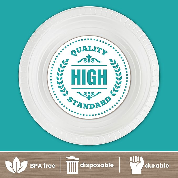 PLASTICPRO Round Plastic Plates Microwaveable, Disposable, White, Dinnerware (100, 10" Inch Plates)